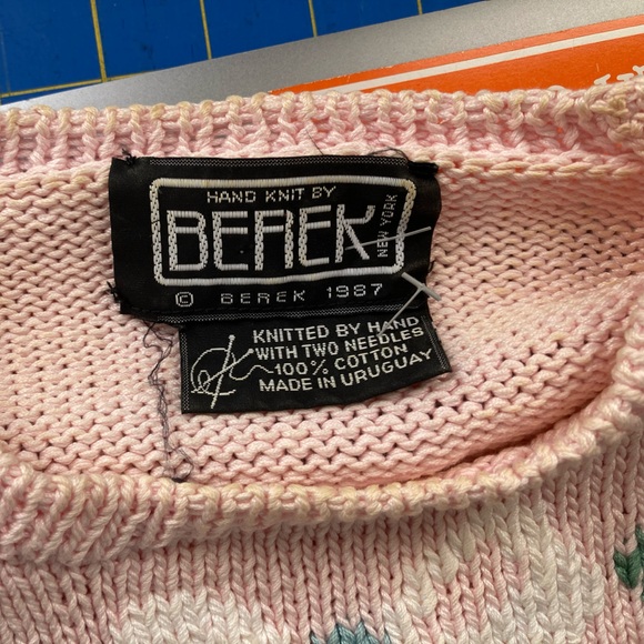 Vintage Berek Hand Knit Sweater Floral Pink Design 100% Cotton Fairy Kei Cottage - Picture 9 of 10